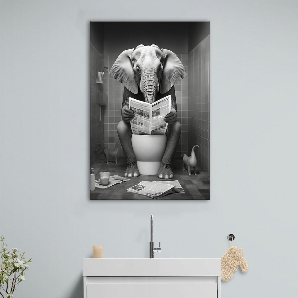 Elephant Print Canvas Prints Wall Art, Funny Bathroom Decor, Elephant in Toilet