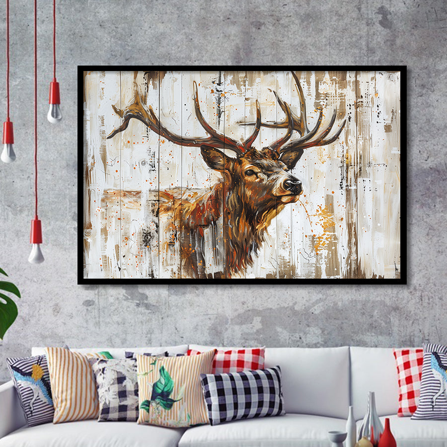Elk With Antler Painted On Wood Art, Framed Art Print Wall Decor, Framed Picture