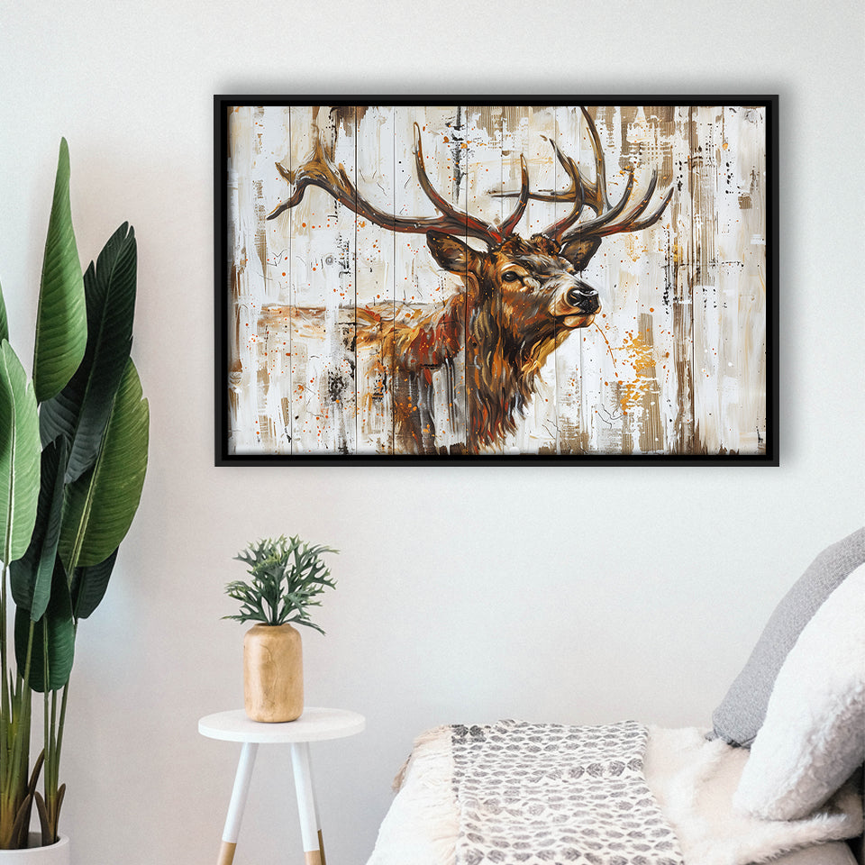Elk With Antler Painted On Wood Art, Framed Canvas Print Wall Art Decor,Floating Frame