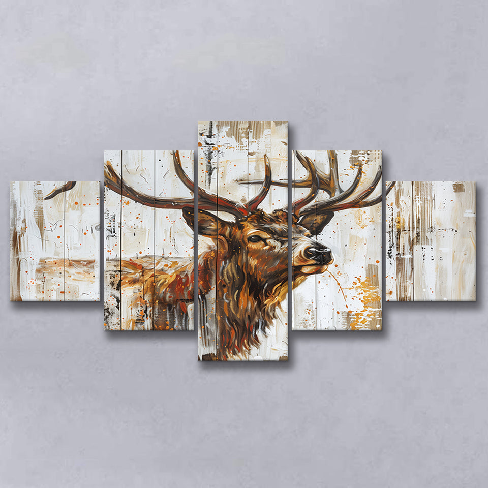 Elk With Antler Painted On Wood Art, Multi Panel Canvas Print Wall Art Decor, 5 Mixed Panel