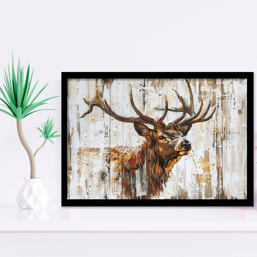 Elk With Antler Painted On Wood Art, Framed Art Print Wall Decor, Framed Picture