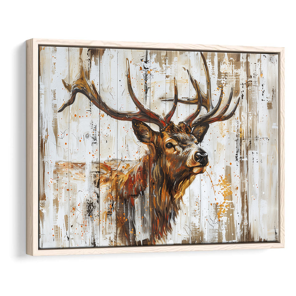 Elk With Antler Painted On Wood Art, Framed Canvas Print Wall Art Decor,Floating Frame