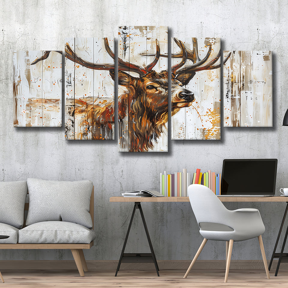 Elk With Antler Painted On Wood Art, Multi Panel Canvas Print Wall Art Decor, 5 Mixed Panel