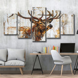Elk With Antler Painted On Wood Art, Multi Panel Canvas Print Wall Art Decor, 5 Mixed Panel