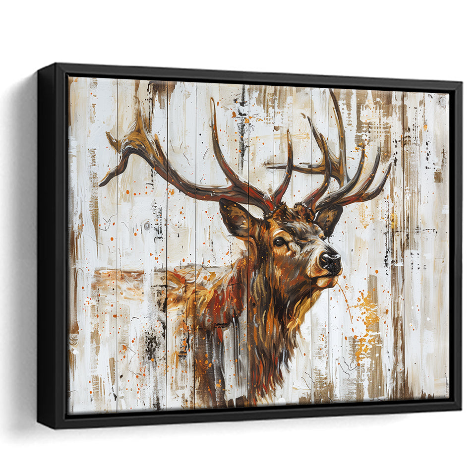 Elk With Antler Painted On Wood Art, Framed Canvas Print Wall Art Decor,Floating Frame
