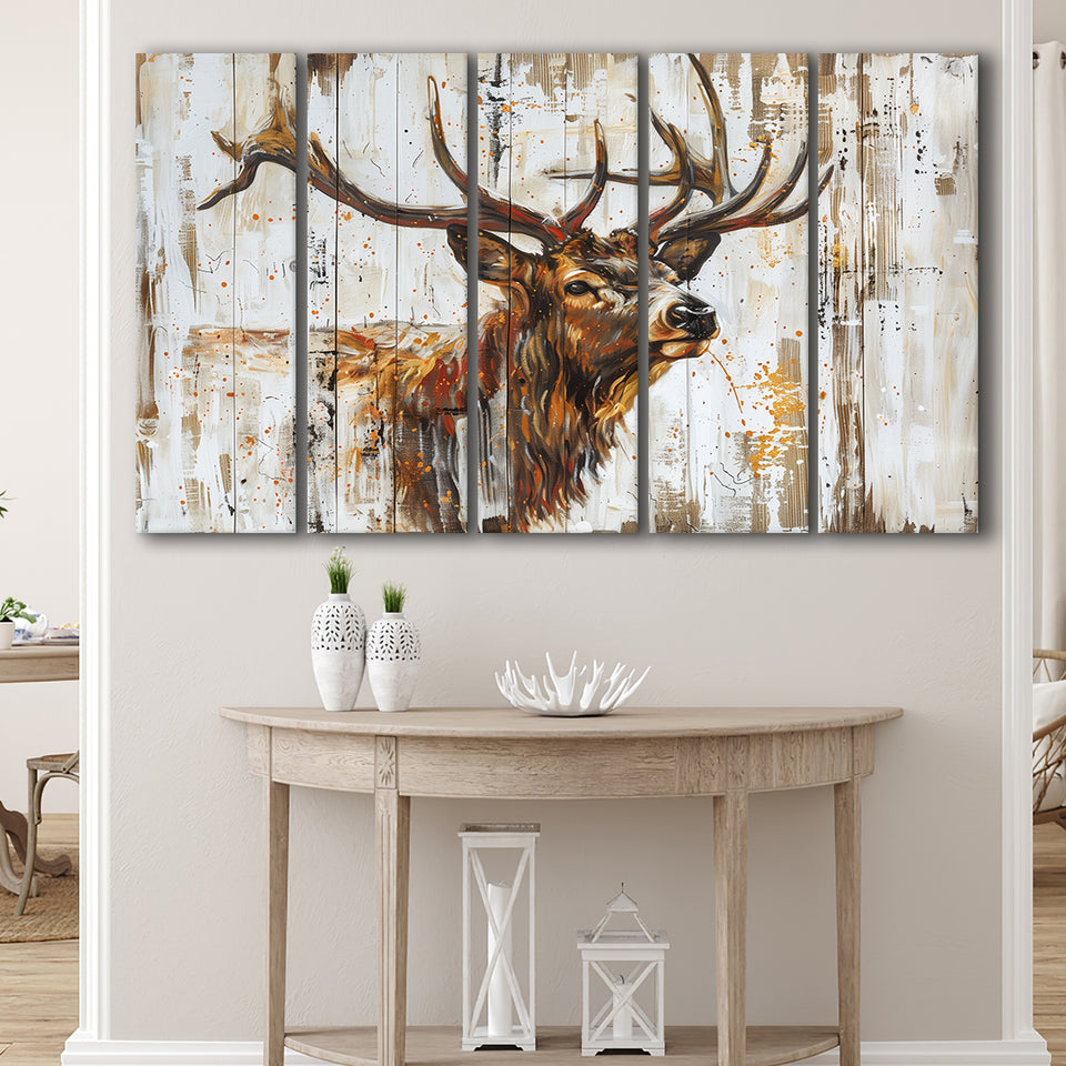 Elk With Antler Painted On Wood Art, Extra Large Multi 5 Panel Canvas Print Wall Art Decor