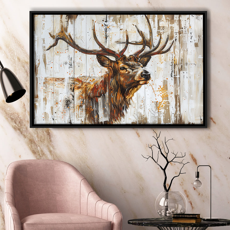 Elk With Antler Painted On Wood Art, Framed Canvas Print Wall Art Decor,Floating Frame