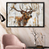 Elk With Antler Painted On Wood Art, Framed Canvas Print Wall Art Decor,Floating Frame