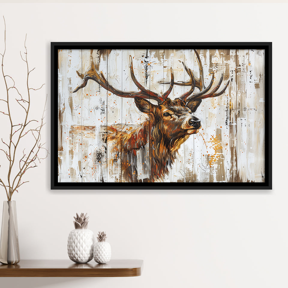 Elk With Antler Painted On Wood Art, Framed Canvas Print Wall Art Decor,Floating Frame