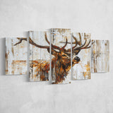 Elk With Antler Painted On Wood Art, Multi Panel Canvas Print Wall Art Decor, 5 Mixed Panel