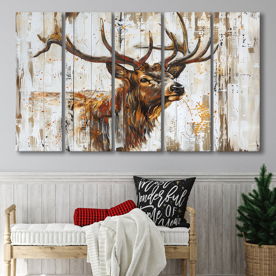 Elk With Antler Painted On Wood Art, Extra Large Multi 5 Panel Canvas Print Wall Art Decor