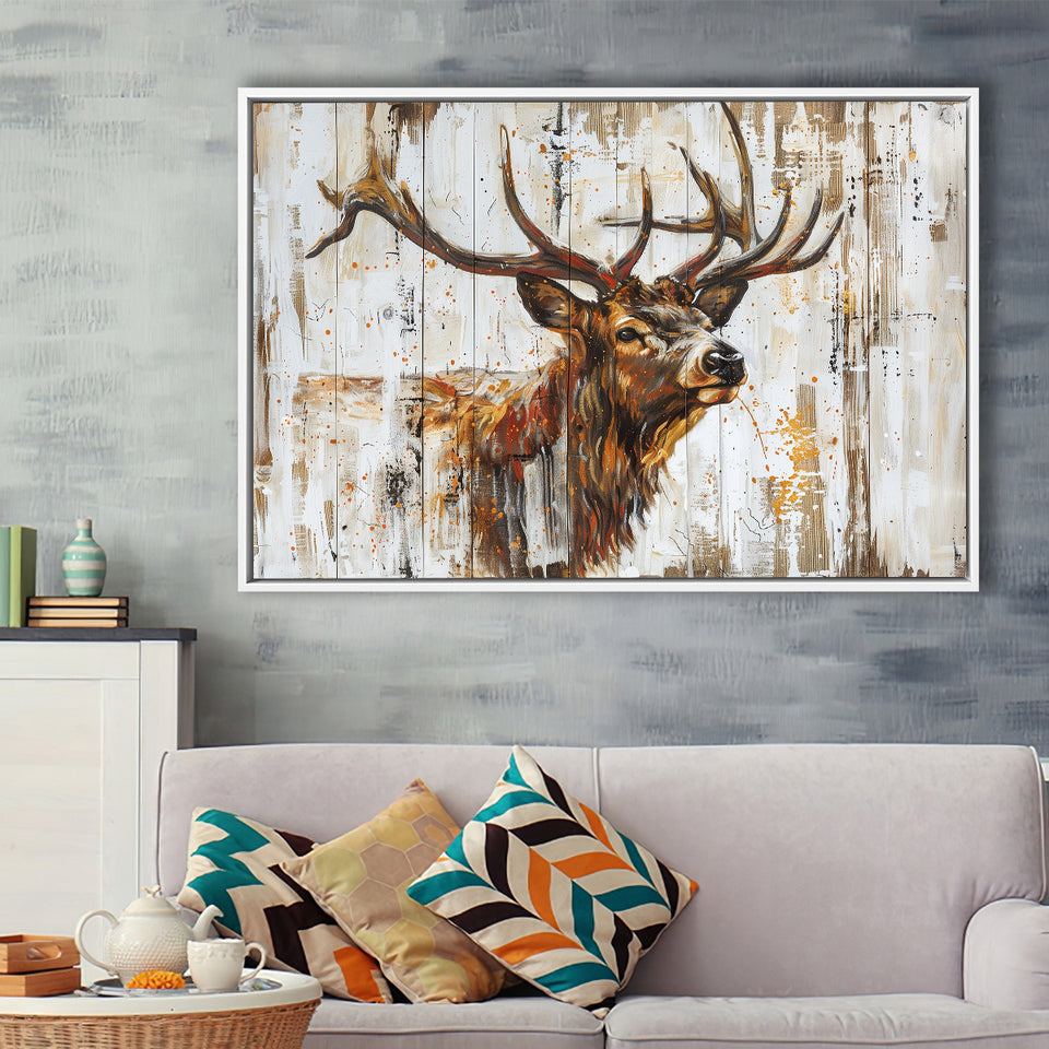Elk With Antler Painted On Wood Art, Framed Canvas Print Wall Art Decor,Floating Frame