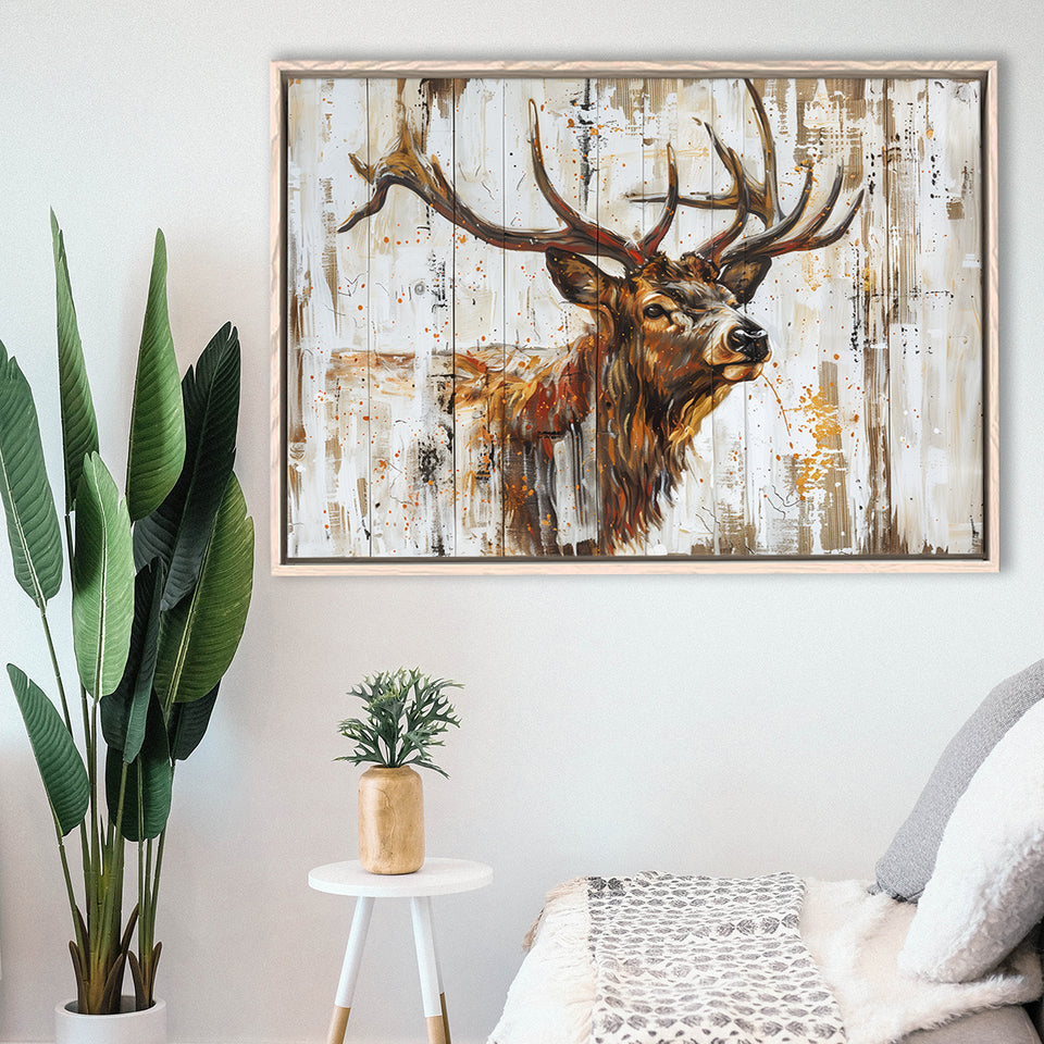 Elk With Antler Painted On Wood Art, Framed Canvas Print Wall Art Decor,Floating Frame