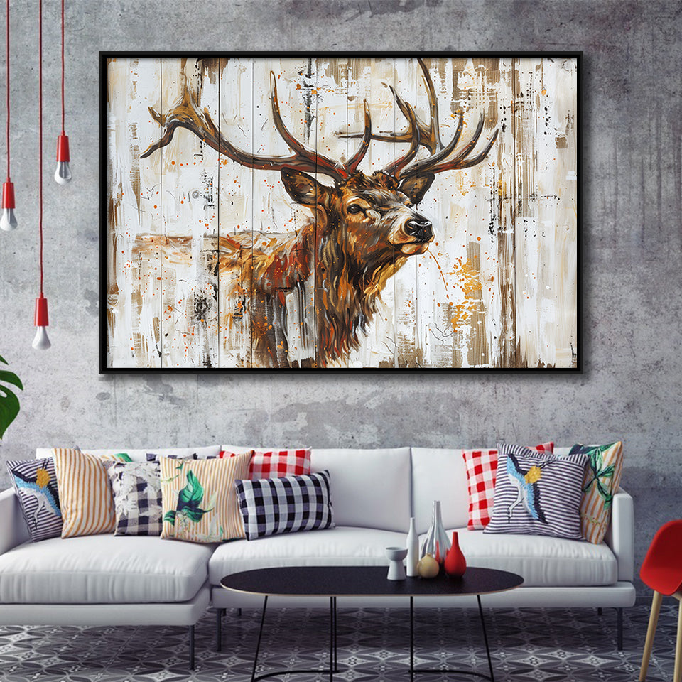 Elk With Antler Painted On Wood Art, Framed Canvas Print Wall Art Decor,Floating Frame