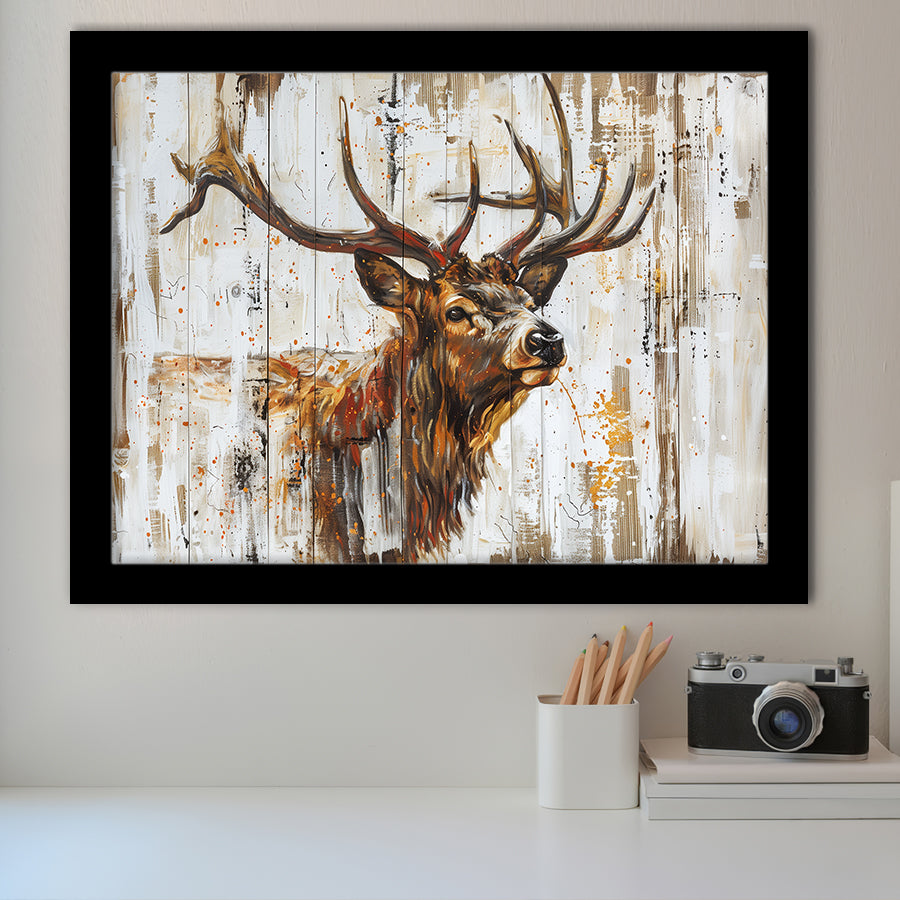 Elk With Antler Painted On Wood Art, Framed Art Print Wall Decor, Framed Picture