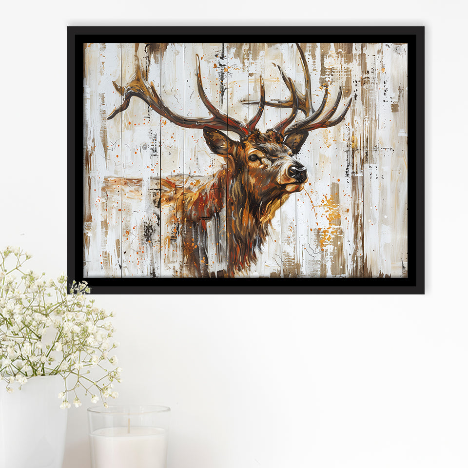 Elk With Antler Painted On Wood Art, Framed Canvas Print Wall Art Decor,Floating Frame