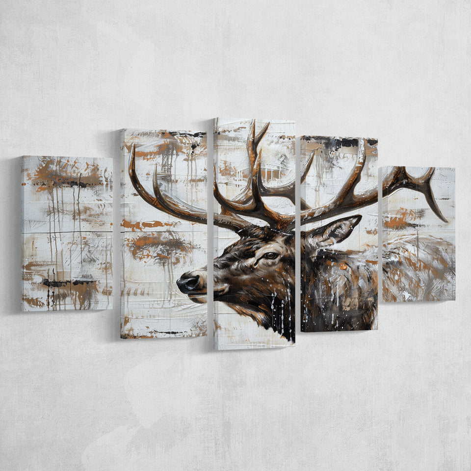 Elk With Antler Painted On Wood Rustic Cabin, Multi Panel Canvas Print Wall Art Decor, 5 Mixed Panel