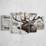 Elk With Antler Painted On Wood Rustic Cabin, Multi Panel Canvas Print Wall Art Decor, 5 Mixed Panel