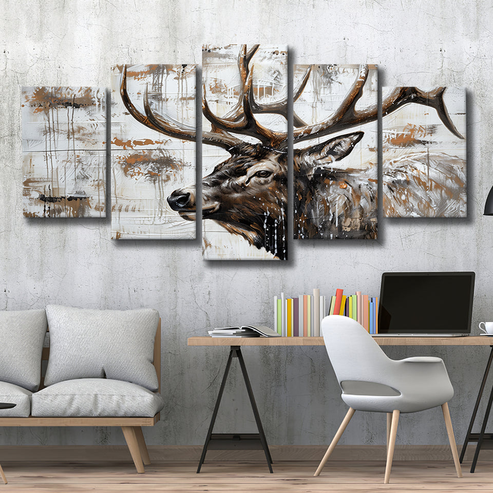 Elk With Antler Painted On Wood Rustic Cabin, Multi Panel Canvas Print Wall Art Decor, 5 Mixed Panel