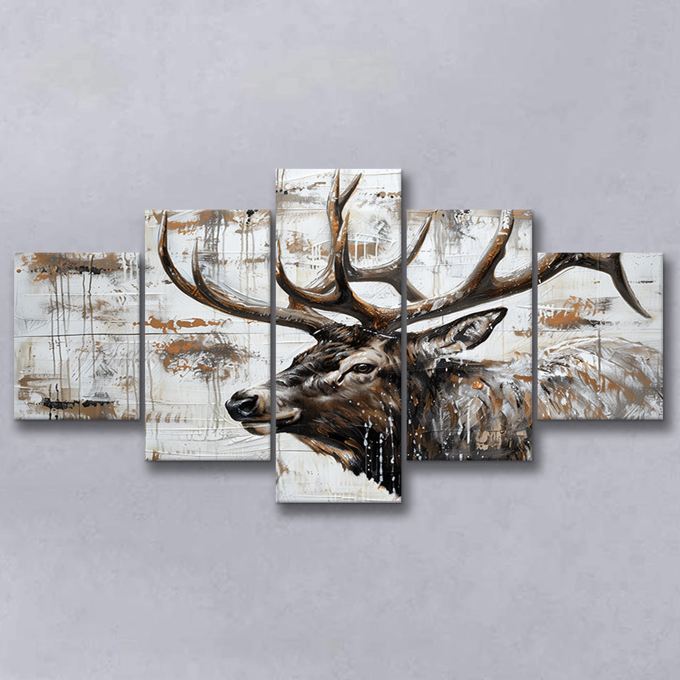 Elk With Antler Painted On Wood Rustic Cabin, Multi Panel Canvas Print Wall Art Decor, 5 Mixed Panel