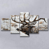 Elk With Antler Painted On Wood Rustic Cabin, Multi Panel Canvas Print Wall Art Decor, 5 Mixed Panel