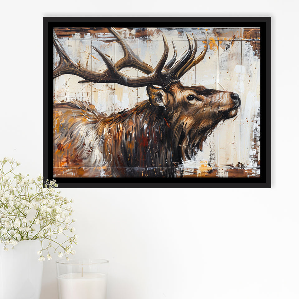 Elk With Antler Painted On Wood Rustic Cabin Art, Framed Canvas Print Wall Art Decor,Floating Frame