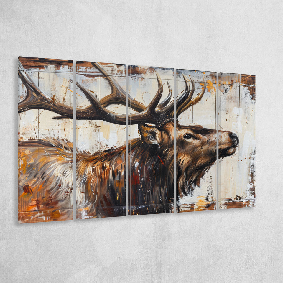 Elk With Antler Painted On Wood Rustic Cabin Art, Extra Large Multi 5 Panel Canvas Print Wall Art Decor