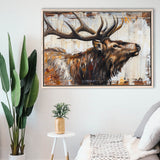 Elk With Antler Painted On Wood Rustic Cabin Art, Framed Canvas Print Wall Art Decor,Floating Frame