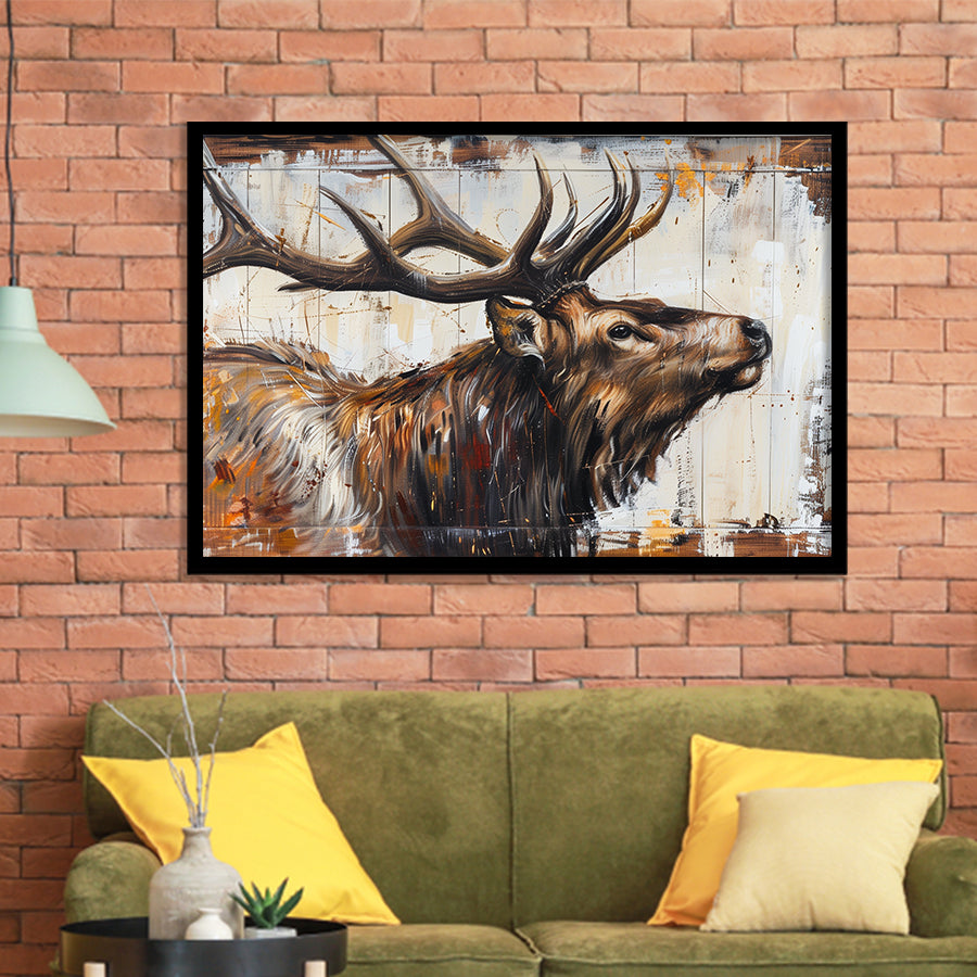 Elk With Antler Painted On Wood Rustic Cabin Art, Framed Art Print Wall Decor, Framed Picture