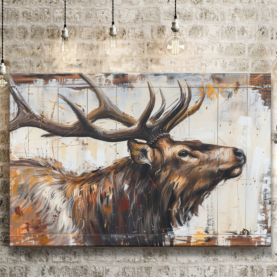 Elk With Antler Painted On Wood Rustic Cabin Art, Canvas Print Wall Art Decor, Landscape Art Print