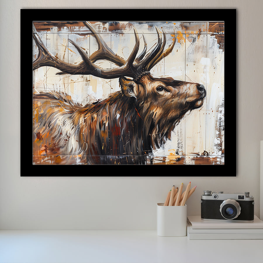 Elk With Antler Painted On Wood Rustic Cabin Art, Framed Art Print Wall Decor, Framed Picture