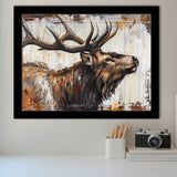 Elk With Antler Painted On Wood Rustic Cabin Art, Framed Art Print Wall Decor, Framed Picture