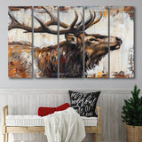 Elk With Antler Painted On Wood Rustic Cabin Art, Extra Large Multi 5 Panel Canvas Print Wall Art Decor