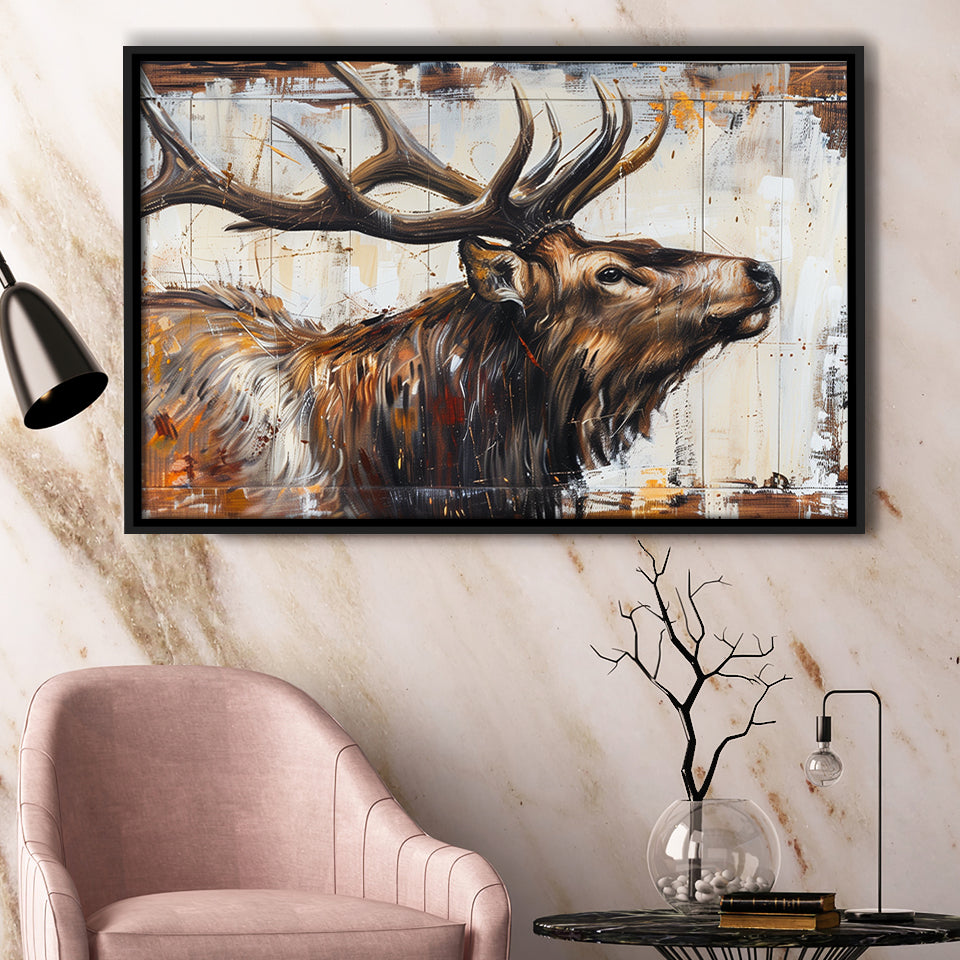 Elk With Antler Painted On Wood Rustic Cabin Art, Framed Canvas Print Wall Art Decor,Floating Frame