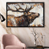Elk With Antler Painted On Wood Rustic Cabin Art, Framed Canvas Print Wall Art Decor,Floating Frame