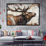 Elk With Antler Painted On Wood Rustic Cabin Art, Framed Canvas Print Wall Art Decor,Floating Frame