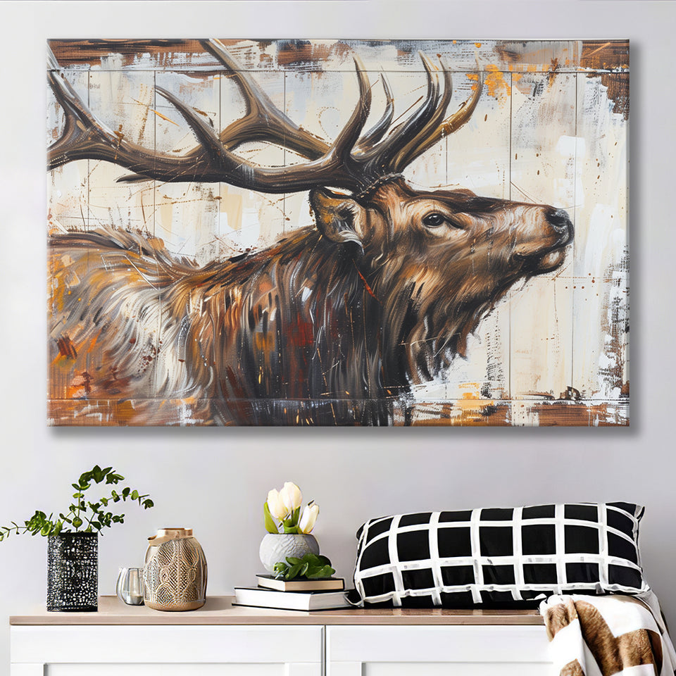 Elk With Antler Painted On Wood Rustic Cabin Art, Canvas Print Wall Art Decor, Landscape Art Print