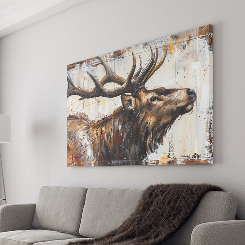 Elk With Antler Painted On Wood Rustic Cabin Art, Canvas Print Wall Art Decor, Landscape Art Print