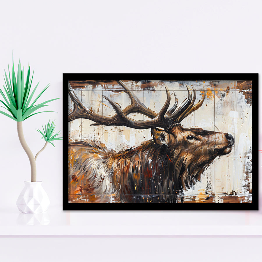 Elk With Antler Painted On Wood Rustic Cabin Art, Framed Art Print Wall Decor, Framed Picture