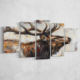 Elk With Antler Painted On Wood Rustic Cabin Art, Multi Panel Canvas Print Wall Art Decor, 5 Mixed Panel