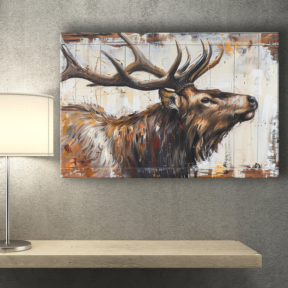 Elk With Antler Painted On Wood Rustic Cabin Art, Canvas Print Wall Art Decor, Landscape Art Print