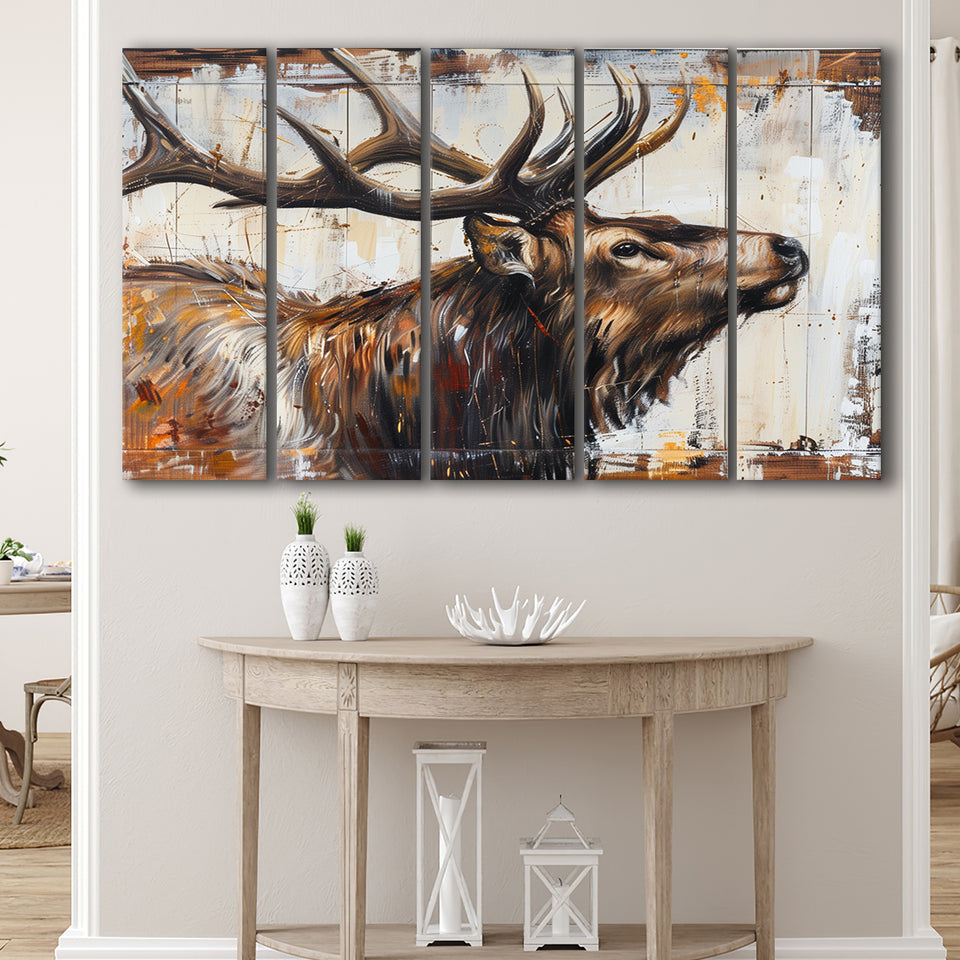Elk With Antler Painted On Wood Rustic Cabin Art, Extra Large Multi 5 Panel Canvas Print Wall Art Decor