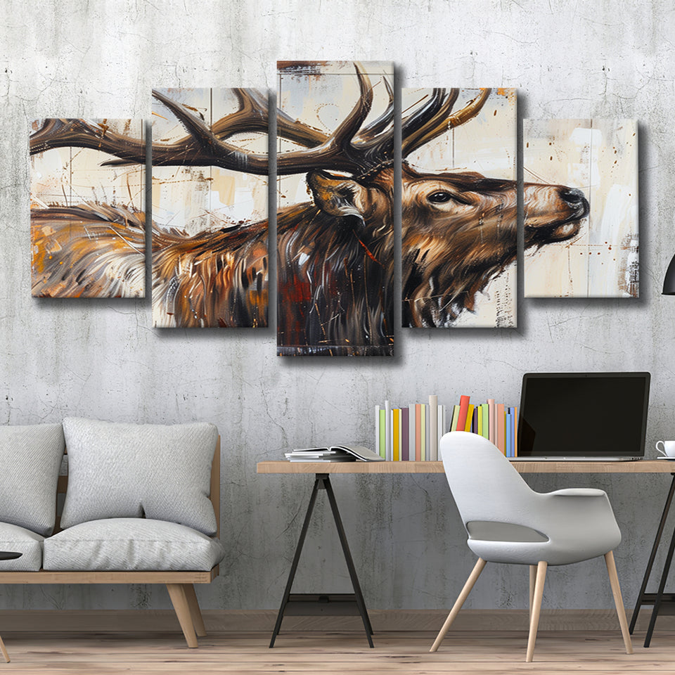 Elk With Antler Painted On Wood Rustic Cabin Art, Multi Panel Canvas Print Wall Art Decor, 5 Mixed Panel