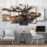 Elk With Antler Painted On Wood Rustic Cabin Art, Multi Panel Canvas Print Wall Art Decor, 5 Mixed Panel