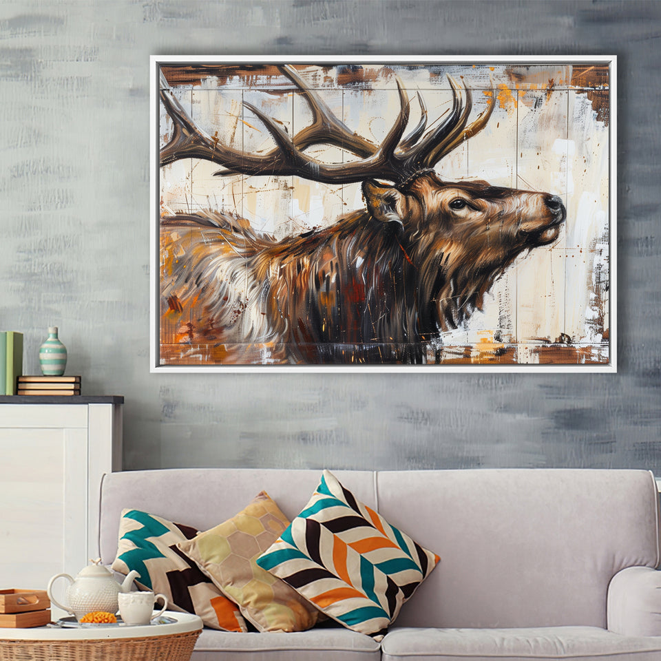 Elk With Antler Painted On Wood Rustic Cabin Art, Framed Canvas Print Wall Art Decor,Floating Frame