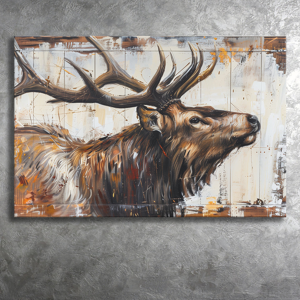 Elk With Antler Painted On Wood Rustic Cabin Art, Canvas Print Wall Art Decor, Landscape Art Print