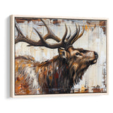 Elk With Antler Painted On Wood Rustic Cabin Art, Framed Canvas Print Wall Art Decor,Floating Frame