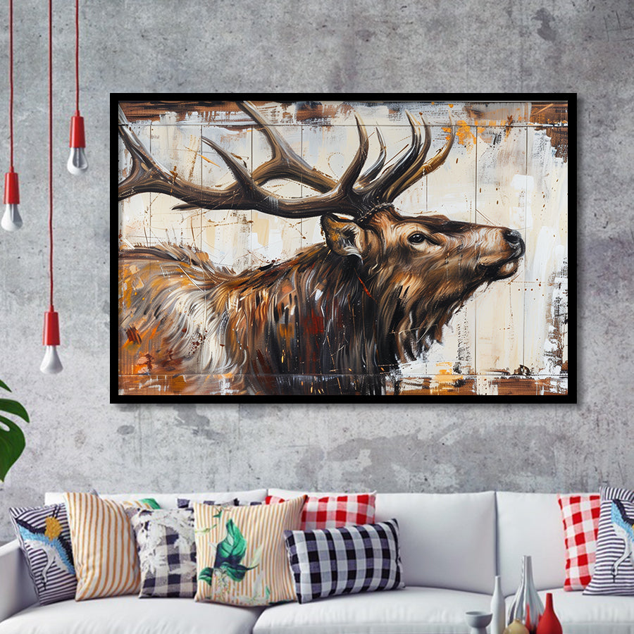 Elk With Antler Painted On Wood Rustic Cabin Art, Framed Art Print Wall Decor, Framed Picture
