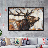Elk With Antler Painted On Wood Rustic Cabin Art, Framed Art Print Wall Decor, Framed Picture