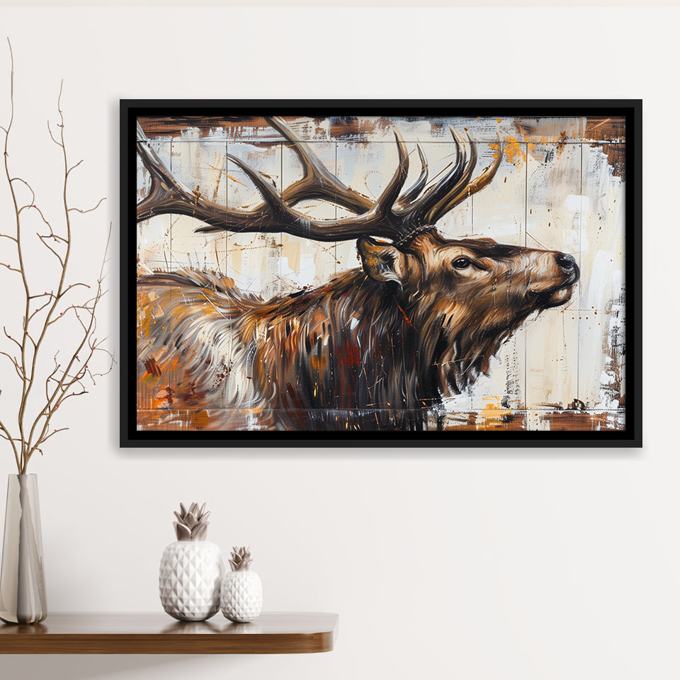 Elk With Antler Painted On Wood Rustic Cabin Art, Framed Canvas Print Wall Art Decor,Floating Frame